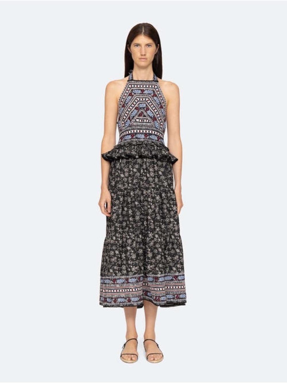 Sea New York, Women’s ‘Everly’ Embroidered Halter Midi Dress Ruffle EUC